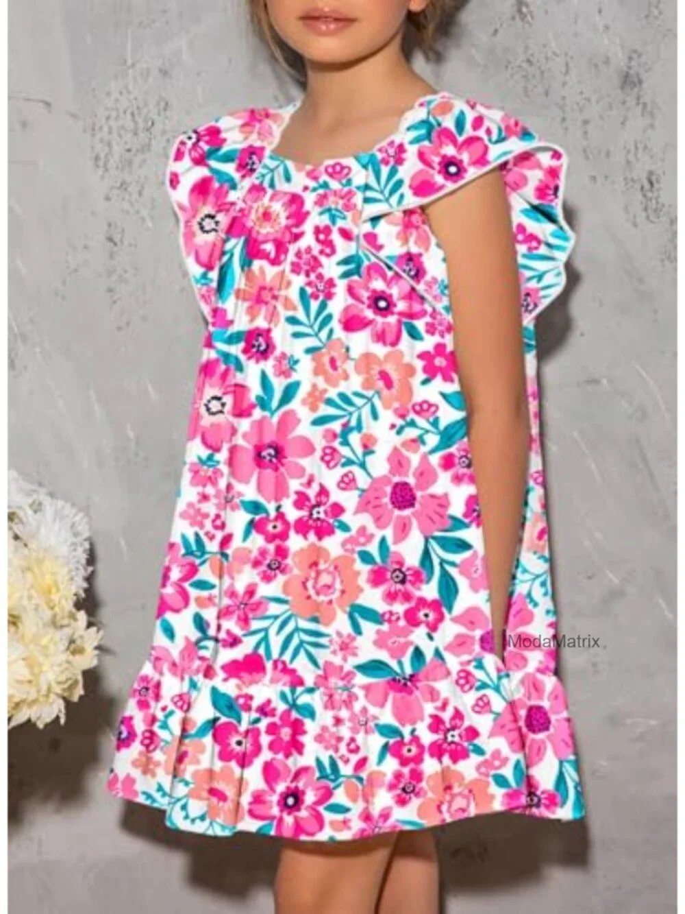Girls Ruffle Sleeve Sundress Floral Square Neck Casual Summer Dress with Pockets